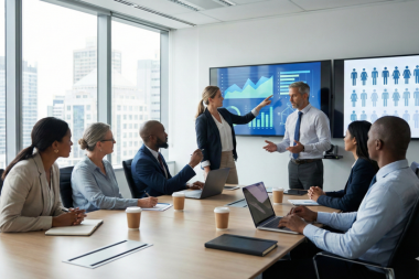 . Leadership team reviewing workforce data and recruitment performance metrics during a strategic hiring meeting in a U.S. office setting
